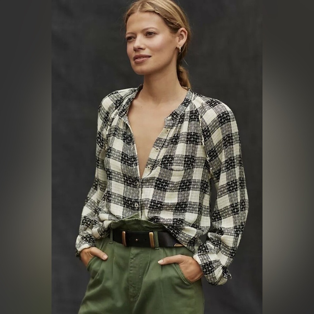 EUC Anthropologie Pilcro Breezy Black Plaid Button Down Top